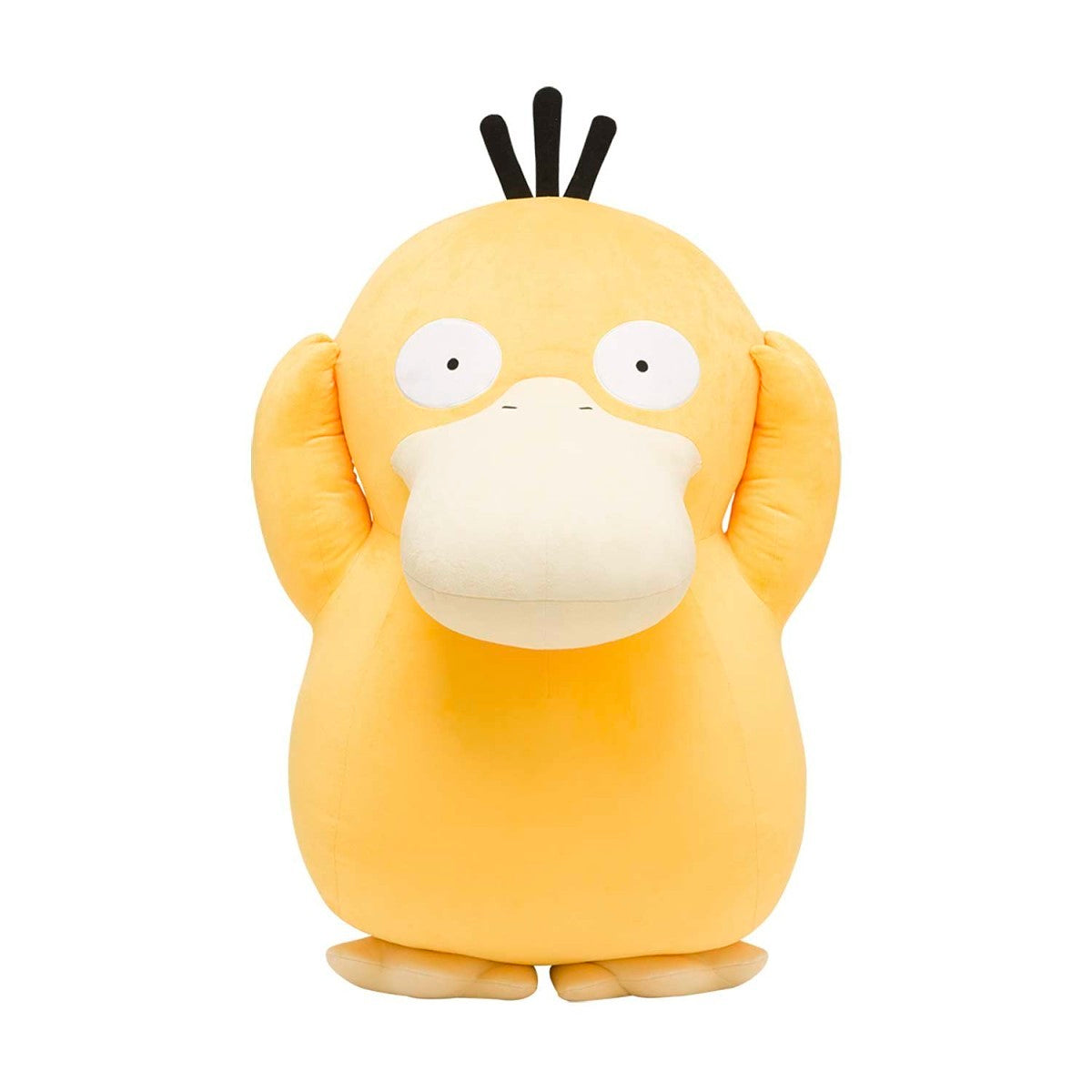 Yellow Psyduck plush toy stands with flippers pressed to its head, on a white background