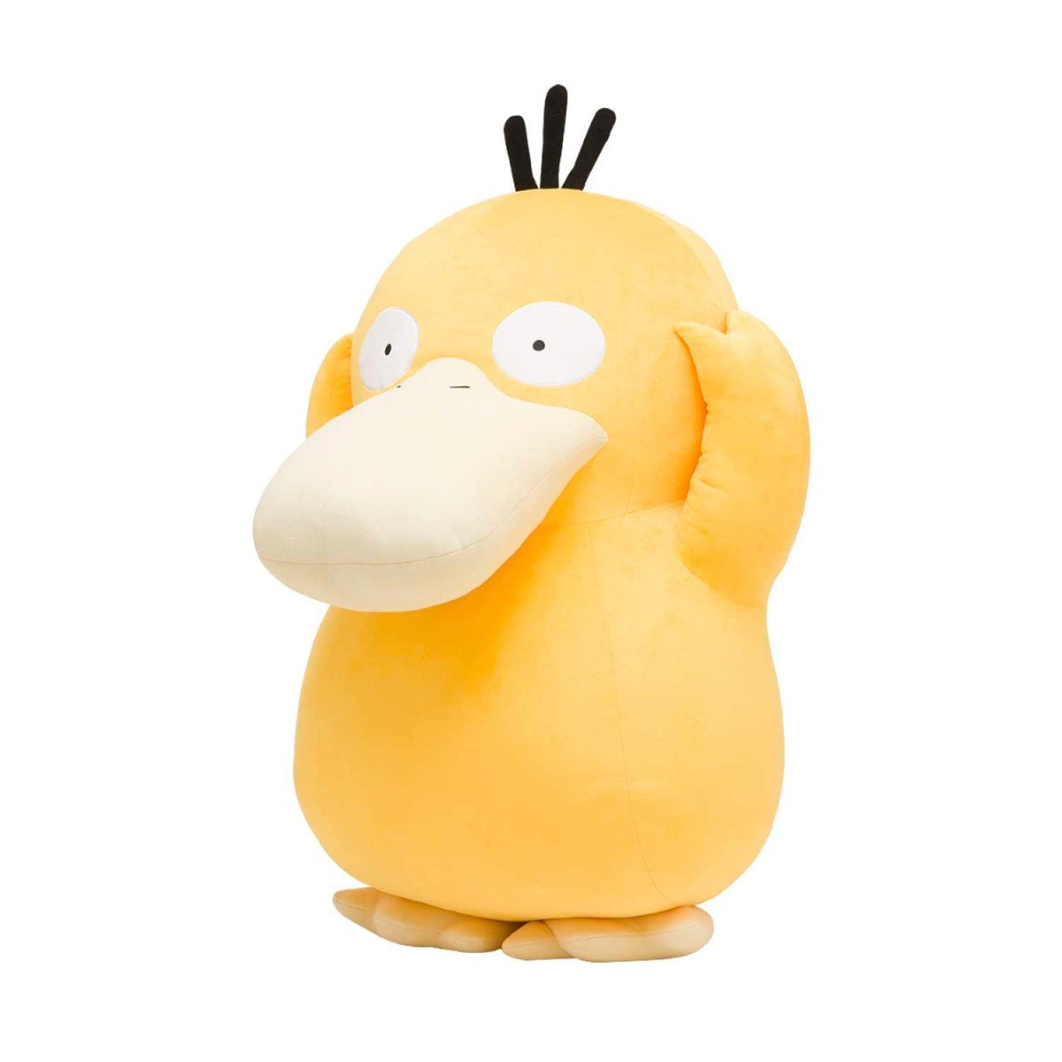 Yellow Psyduck plush toy holding its hands to its head in a characteristic confused pose