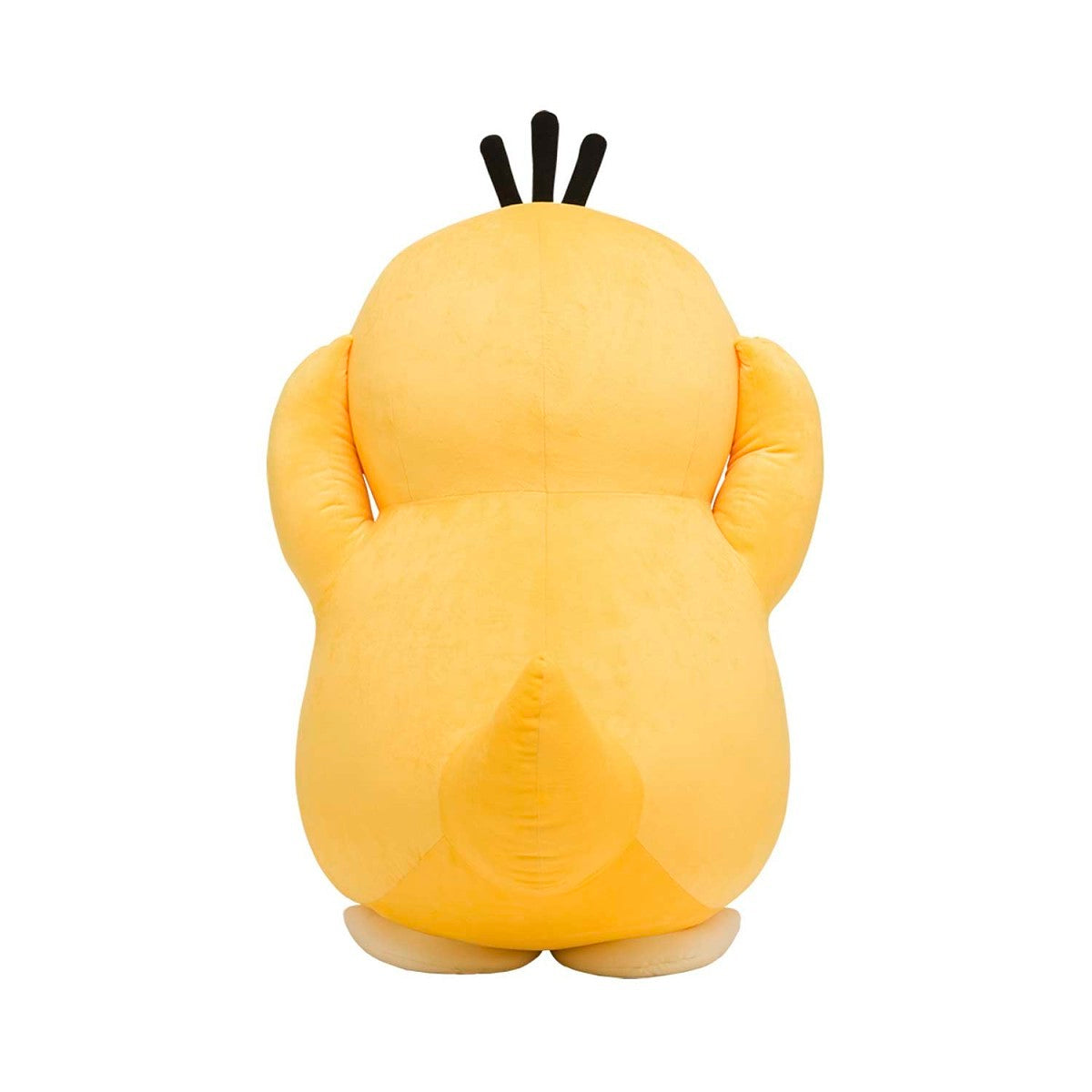 Yellow plush duck with black head tufts, seen from behind covering its ears