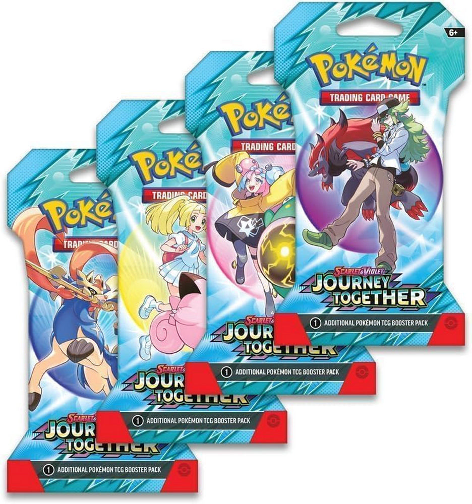 Four Pokemon TCG 'Scarlet & Violet: Journey Together' booster packs, each depicting a different trainer and Pokemon