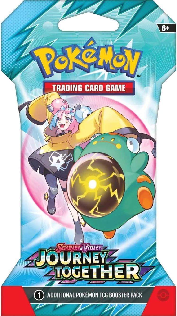 Pokemon Scarlet & Violet TCG 'Journey Together' booster pack with Iono cheering and Bellibolt charging an electric attack