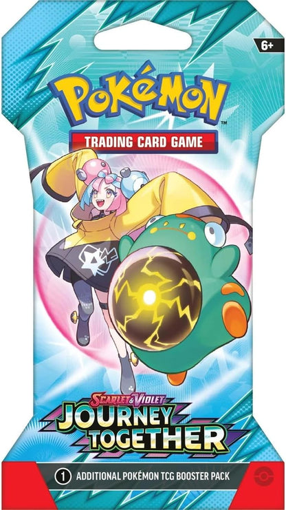 Pokemon Scarlet & Violet TCG 'Journey Together' booster pack with Iono cheering and Bellibolt charging an electric attack