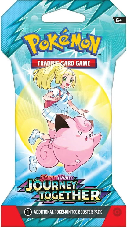 Pokemon TCG "Scarlet & Violet: Journey Together" booster pack featuring Lillie and Clefairy smiling and floating