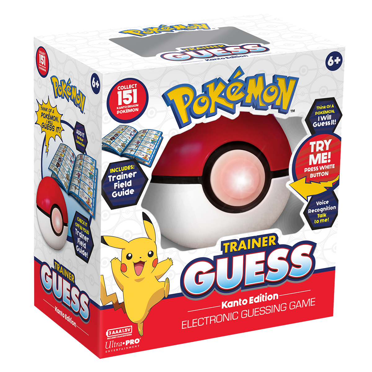 Box for Pokemon Trainer Guess Kanto Edition electronic game, featuring a Poke Ball toy with a glowing button and Pikachu