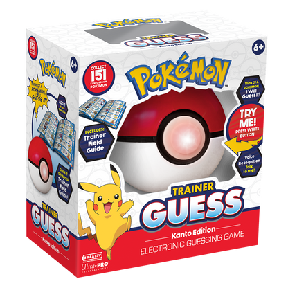 Box for Pokemon Trainer Guess Kanto Edition electronic game, featuring a Poke Ball toy with a glowing button and Pikachu