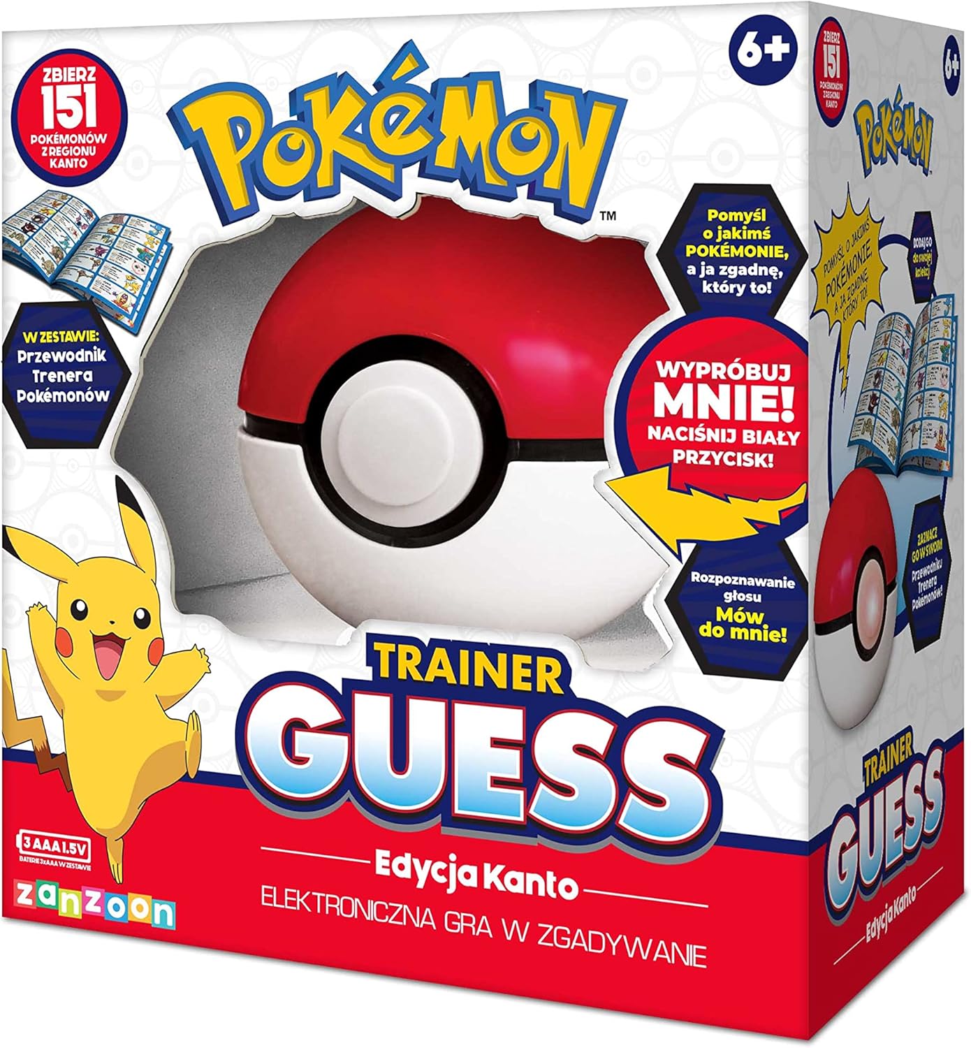 Pokemon Trainer Guess Kanto electronic game box featuring a large Poke Ball, Pikachu, and "Try Me!" button