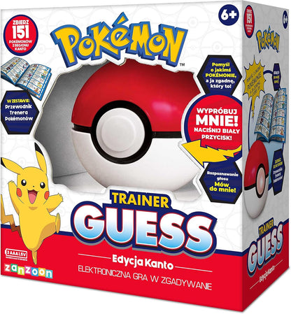Pokemon Trainer Guess Kanto electronic game box featuring a large Poke Ball, Pikachu, and "Try Me!" button