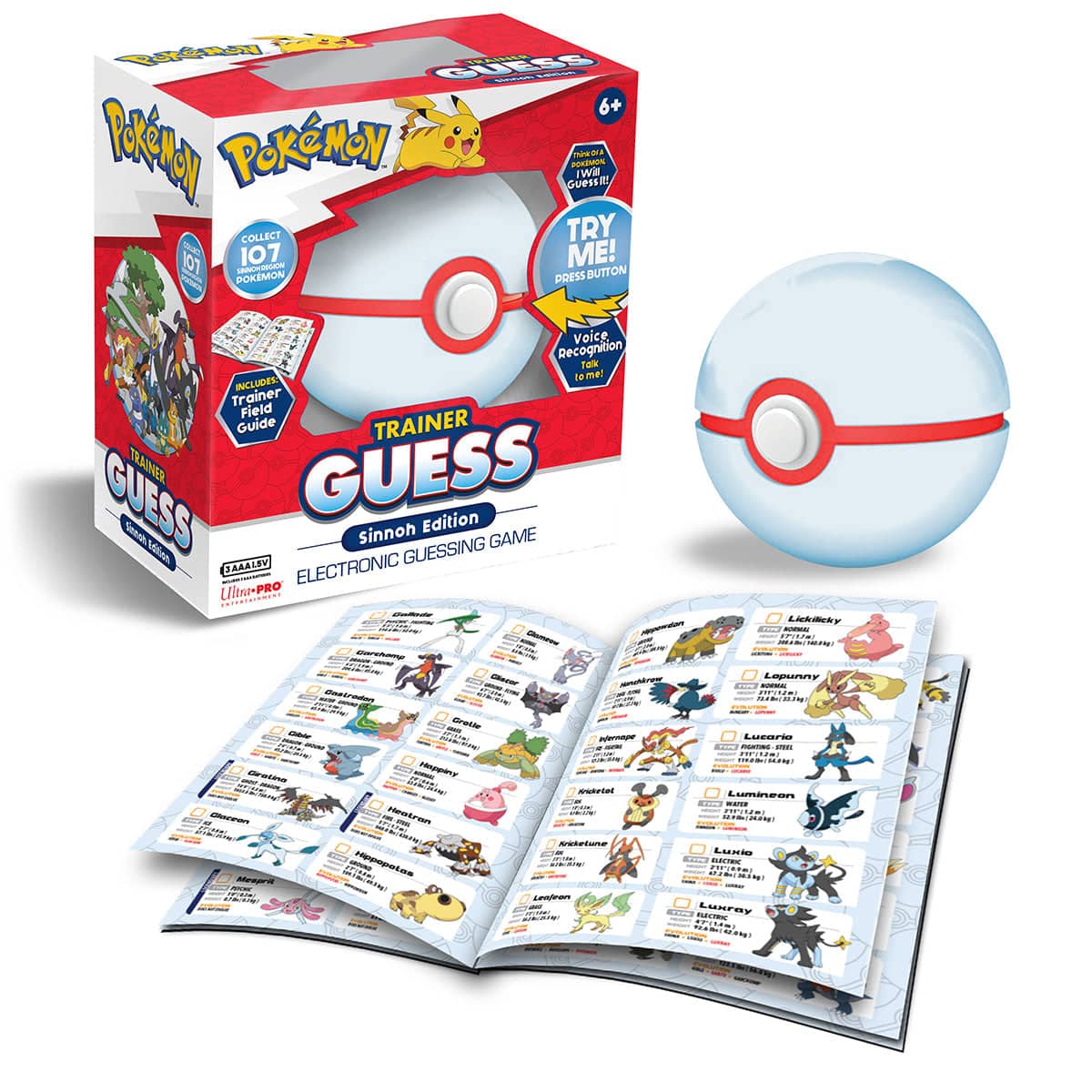 Pokemon Trainer Guess Sinnoh Edition game box, electronic Poke Ball device, and open Pokemon guide