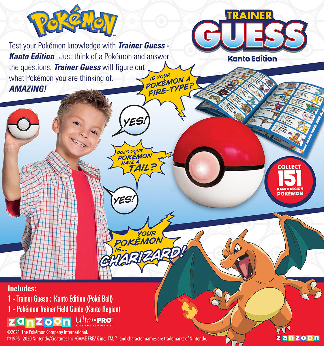 Smiling boy holds a Poke Ball, promoting the Pokemon Trainer Guess Kanto Edition game with Charizard