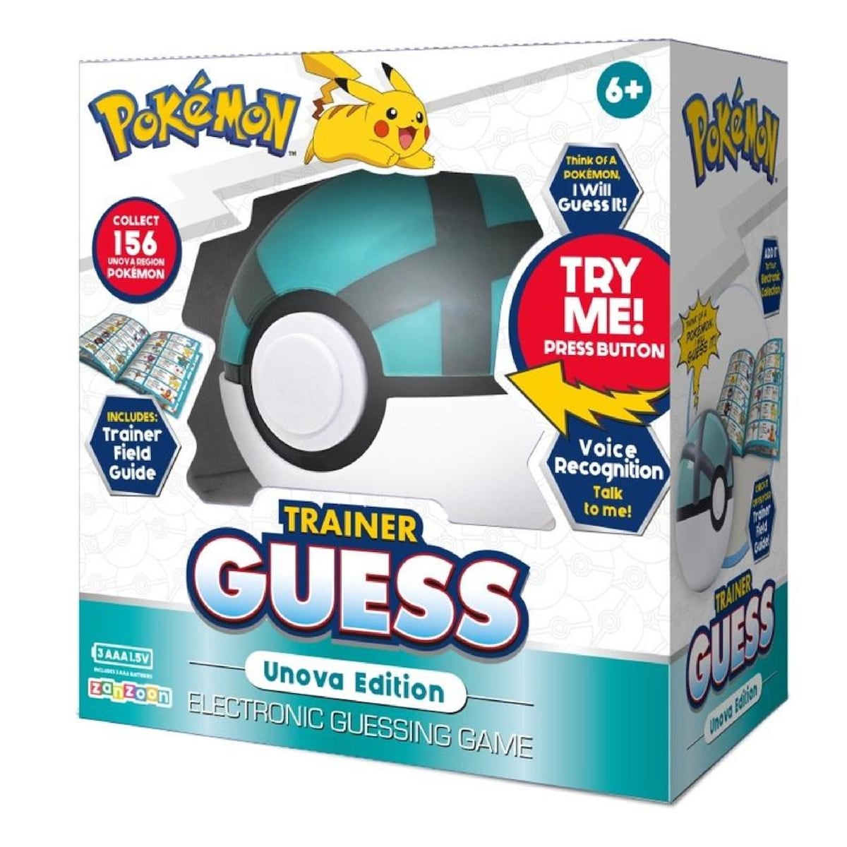Box for Pokemon Trainer Guess Unova Edition electronic game, featuring a teal and white Poke Ball and Pikachu