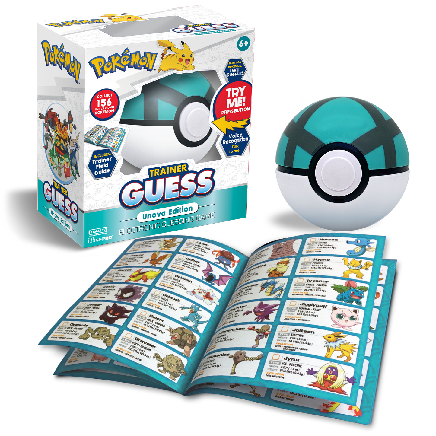 Pokemon Trainer Guess Unova Edition electronic game box, a teal Poke Ball, and an open guide with Pokemon characters