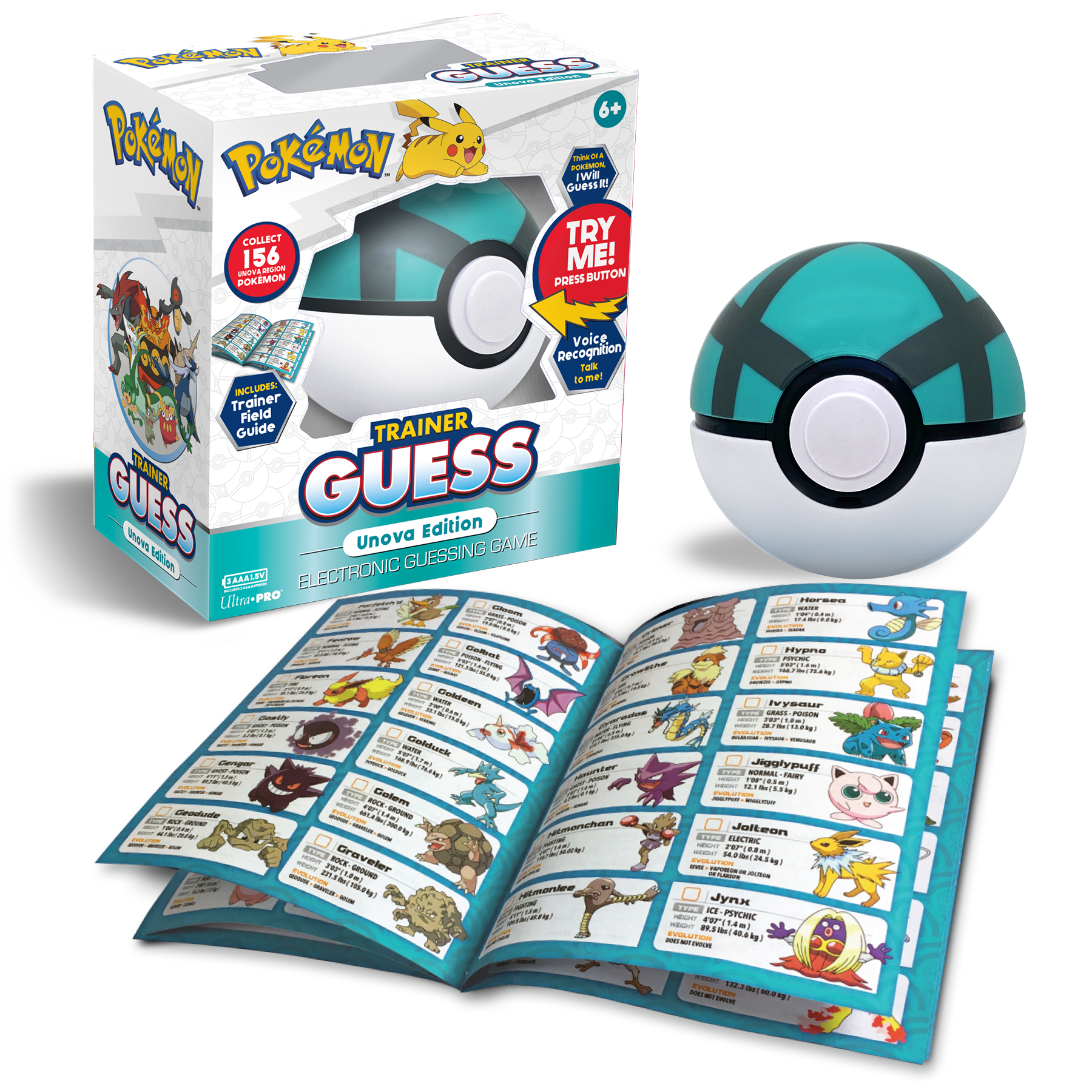 Pokemon Trainer Guess Unova Edition electronic game box, a teal Poke Ball, and an open guide with Pokemon characters