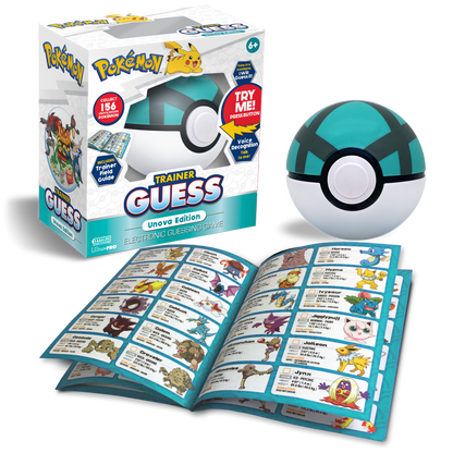 Pokemon Trainer Guess Unova Edition electronic game box, a teal Poke Ball, and an open guide with Pokemon characters