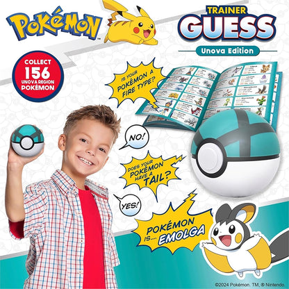 A smiling boy holds a Poke Ball, playing Pokemon Trainer Guess Unova Edition, with game clues and Emolga