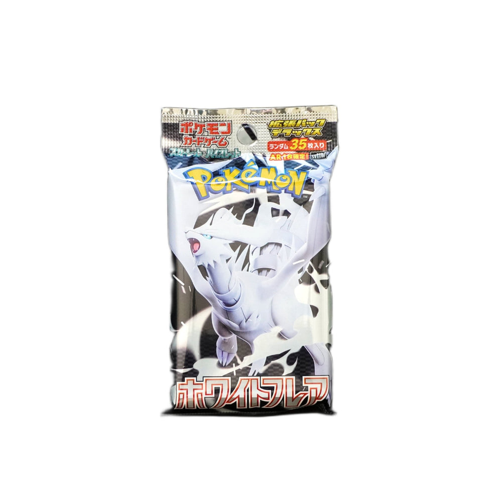 Japanese Pokemon TCG pack, 'White Flare' set, featuring white dragon Reshiram with spread wings.
