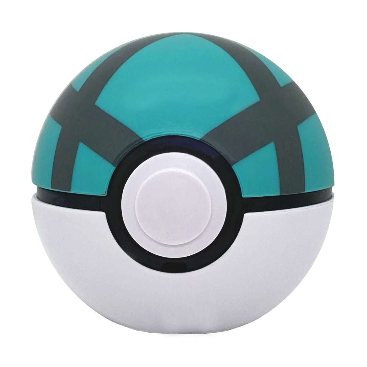 Pokemon Quick Ball: teal top with black 'X' pattern, white bottom, and black-ringed white button
