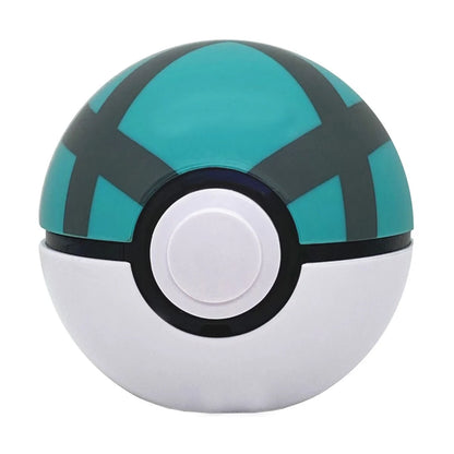 Pokemon Quick Ball: teal top with black 'X' pattern, white bottom, and black-ringed white button