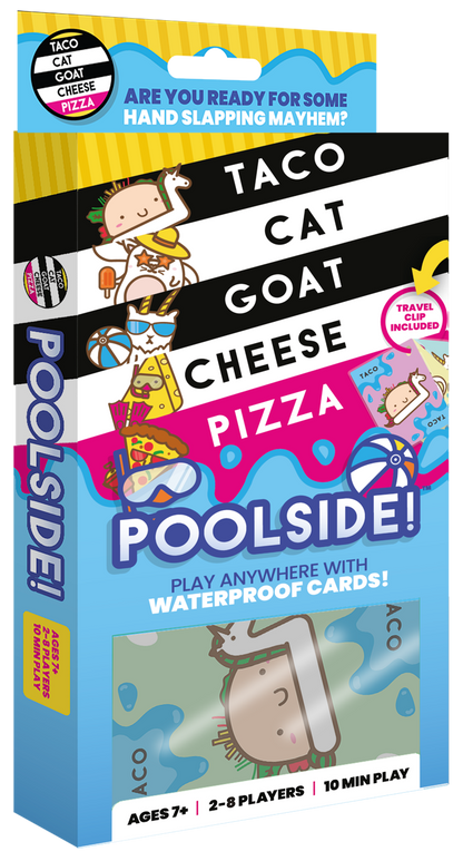 Packaging for "Taco Cat Goat Cheese Pizza POOLSIDE!" card game, noting waterproof cards and summer theme
