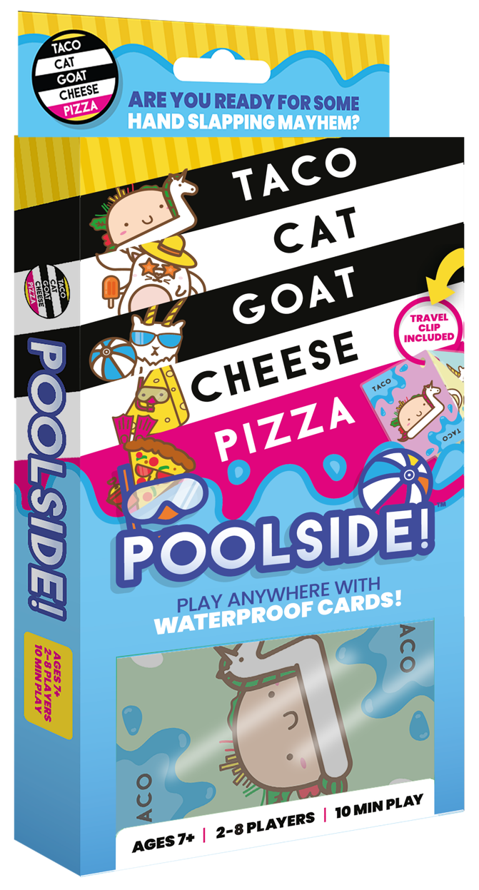 Packaging for "Taco Cat Goat Cheese Pizza POOLSIDE!" card game, noting waterproof cards and summer theme