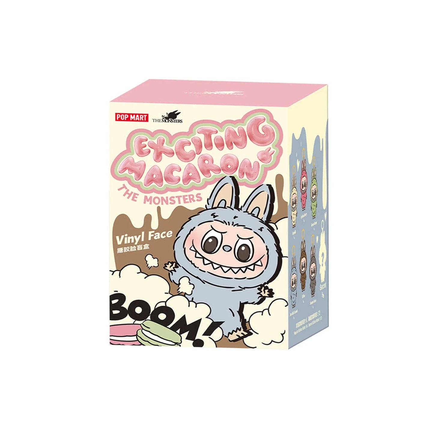 POP MART "Exciting Macaron" blind box featuring a grey, fanged, rabbit-eared monster, "BOOM!", and a macaron