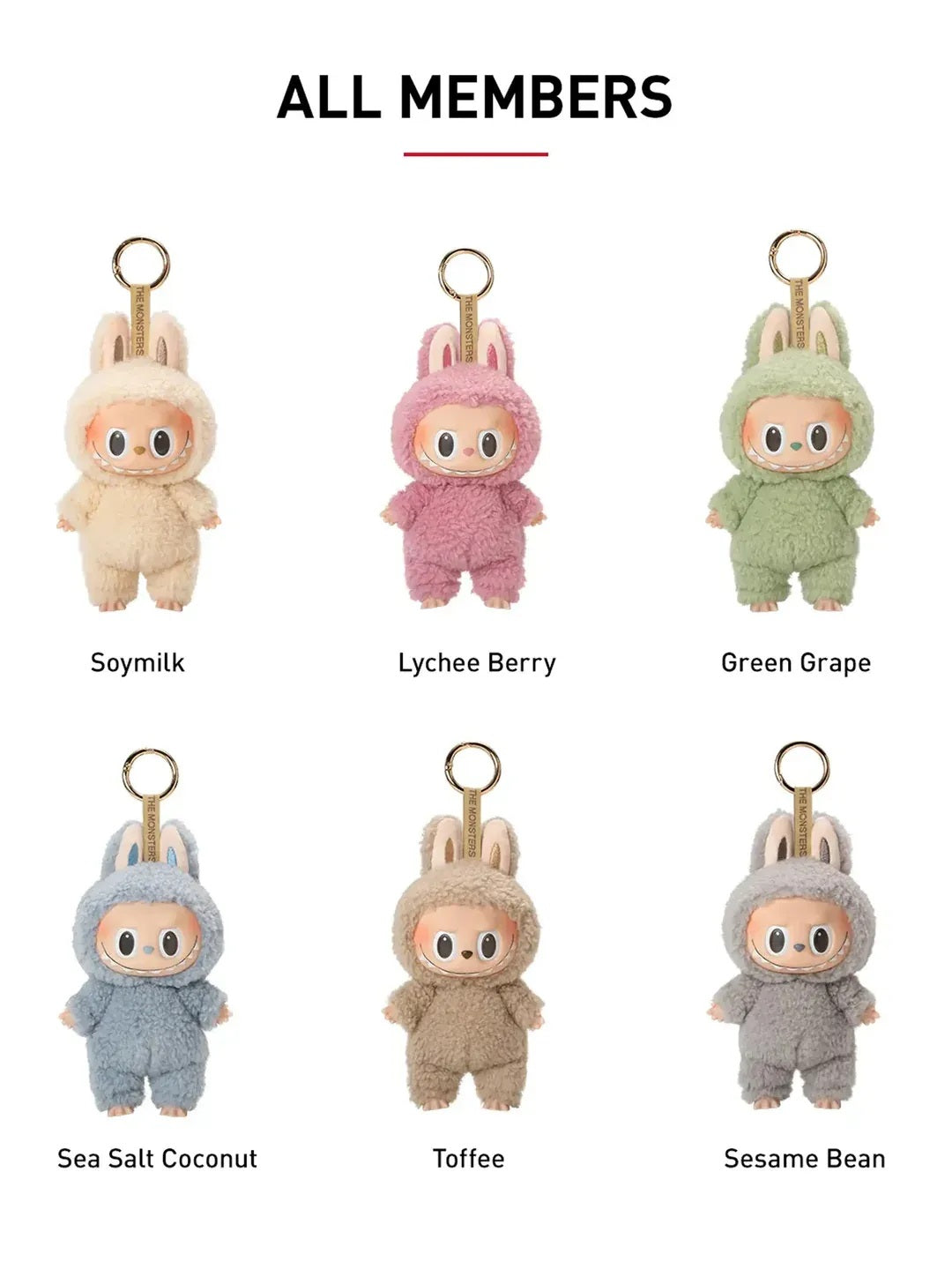 Six colorful fluffy keychains featuring smiling dolls in rabbit outfits