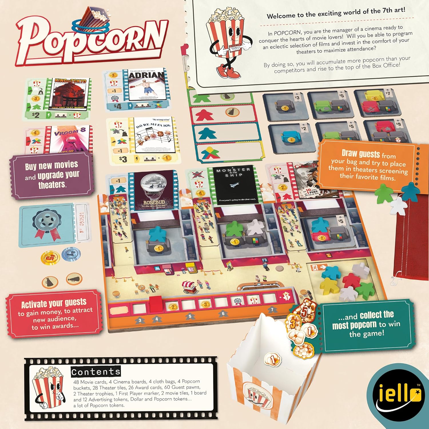 Popcorn cinema management game: movie cards, theater board, colorful guest pawns, and popcorn tokens