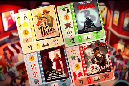 Four game cards resembling movie posters (like 'Badman'), featuring movie art, game costs, and symbols