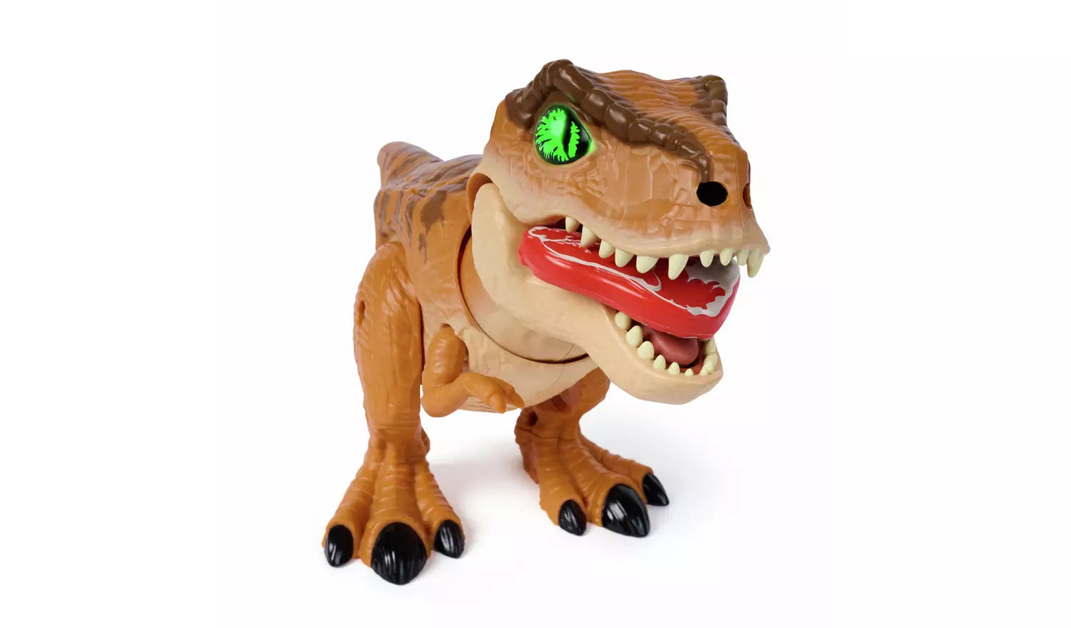 Brown T-Rex toy with glowing green eyes, sharp teeth, and a red piece of meat in its open mouth on a white background