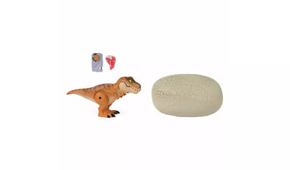 Orange T-Rex toy, grey remote control, red meat accessory, and a large cracked beige dinosaur egg