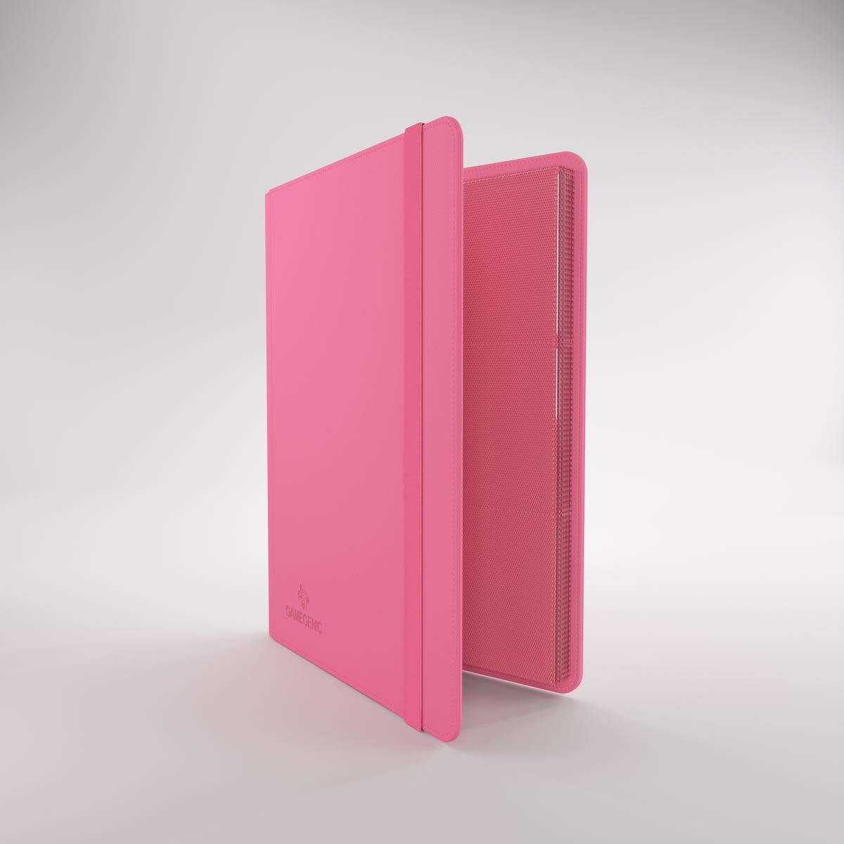 Gamegenic prime album open to textured pages for trading cards, with an elastic closure strap