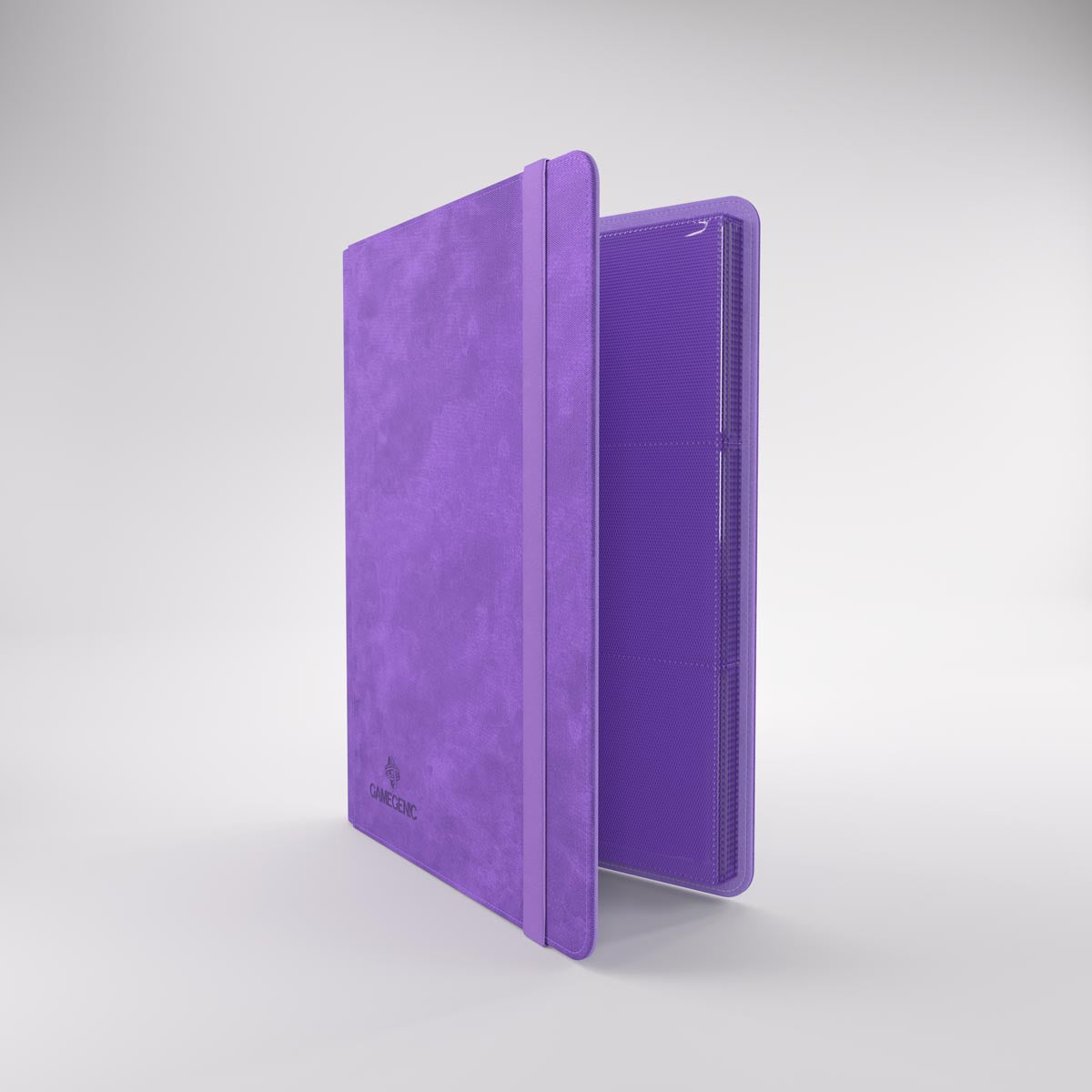 Gamegenic prime album open to textured pages for trading cards, with an elastic closure strap