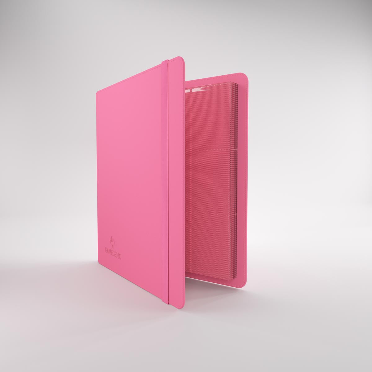 Gamegenic prime album open to textured pages for trading cards, with an elastic closure strap