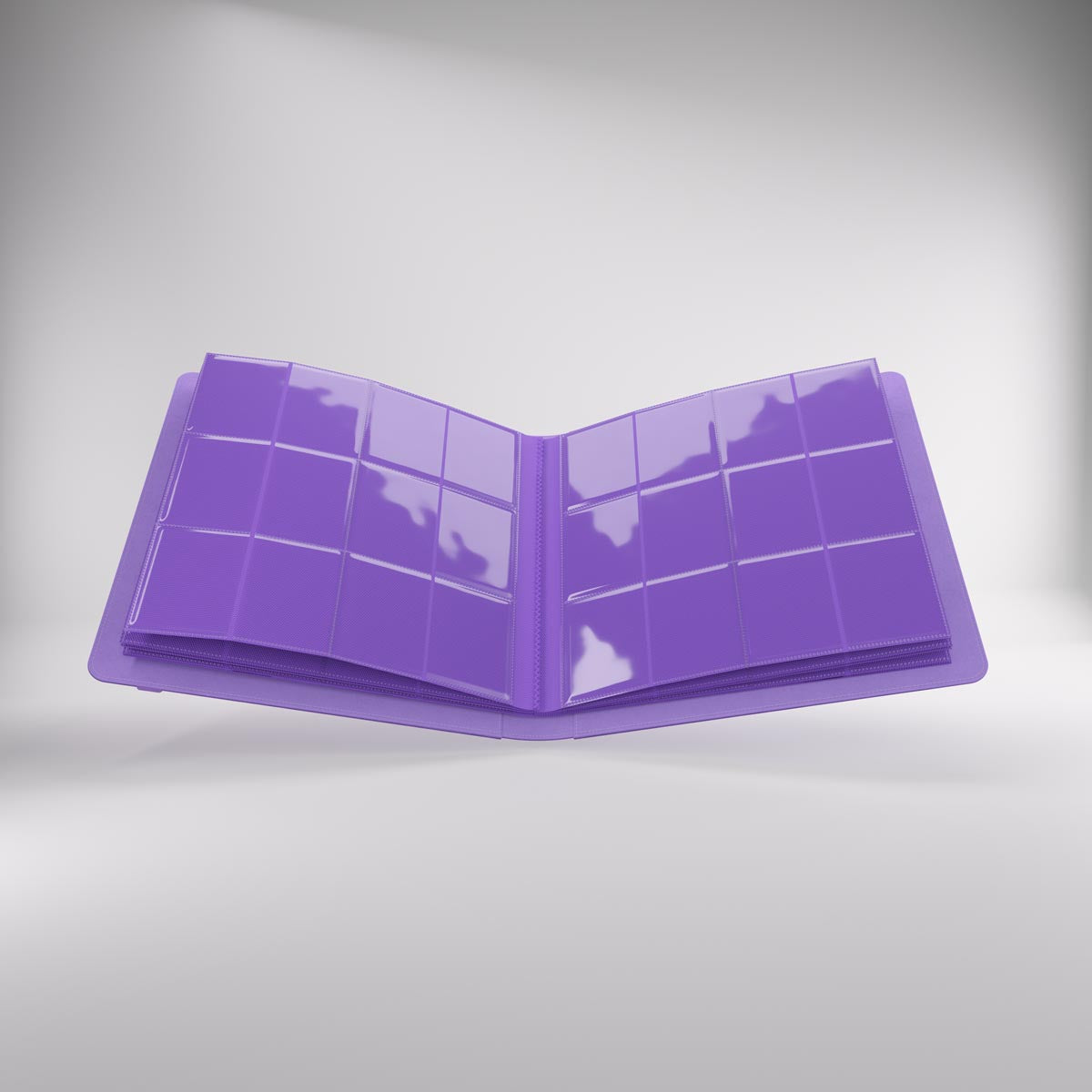 Open prime album with clear plastic pages featuring multiple pockets for storing trading cards or photos, displayed against a light background