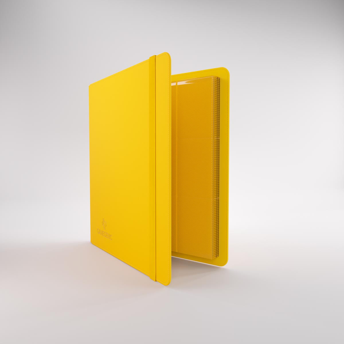 Gamegenic prime album open to textured pages for trading cards, with an elastic closure strap