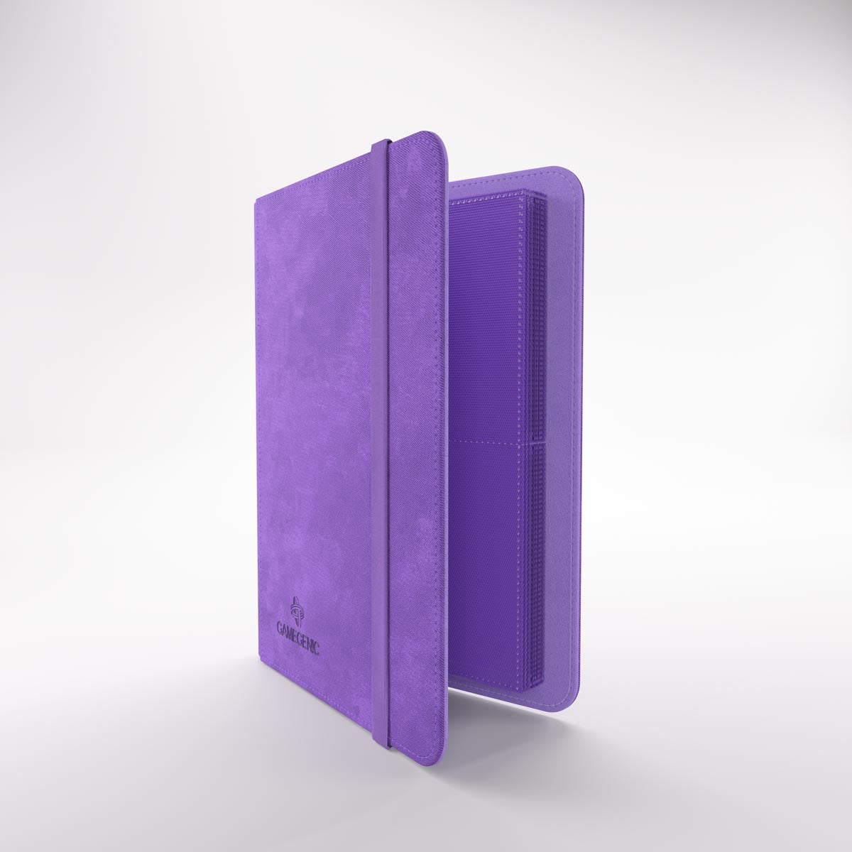 Gamegenic prime album open to textured pages for trading cards, with an elastic closure strap