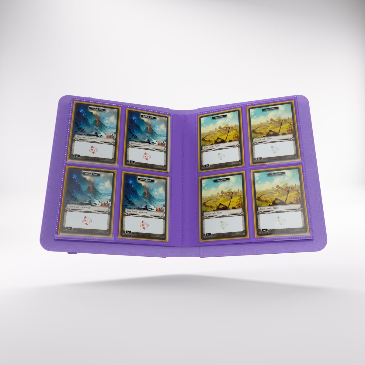 Open prime album displaying 8 collectible cards in sleeves