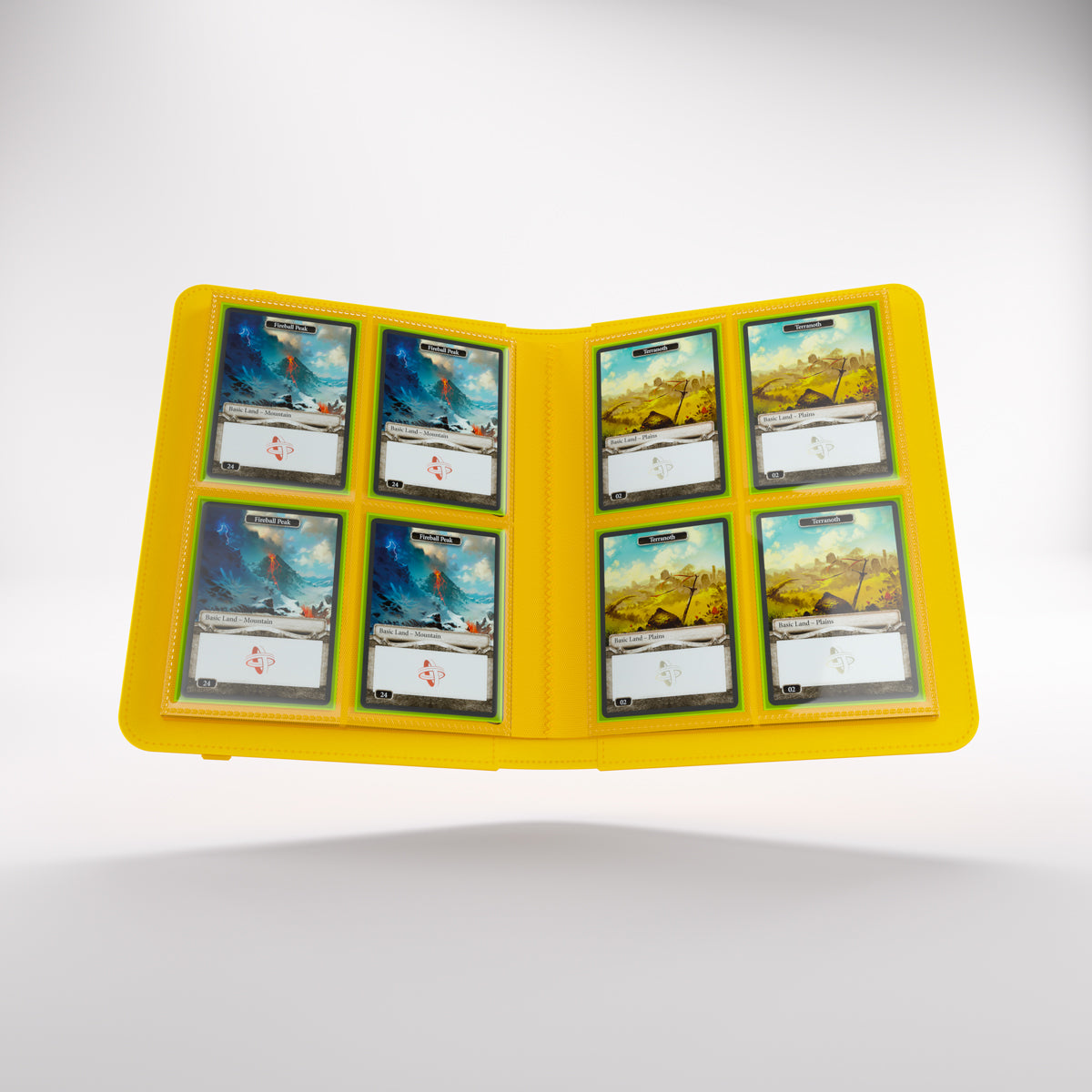 Open prime album displaying 8 collectible cards in sleeves