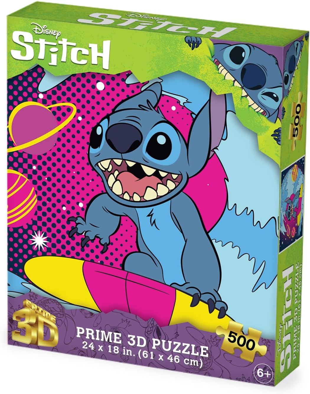 Stitch 3D puzzle box: Stitch grins, holding a surfboard on a vibrant, dotted background. 500 pieces