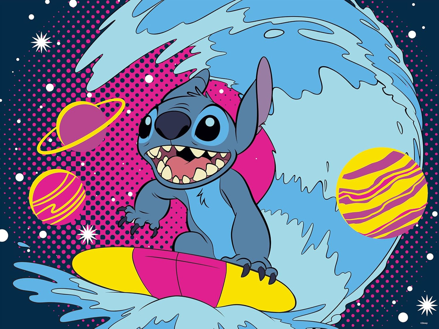 Stitch surfs a blue wave on a colorful surfboard, grinning widely. Vibrant pop-art background with pink dots, planets, and stars