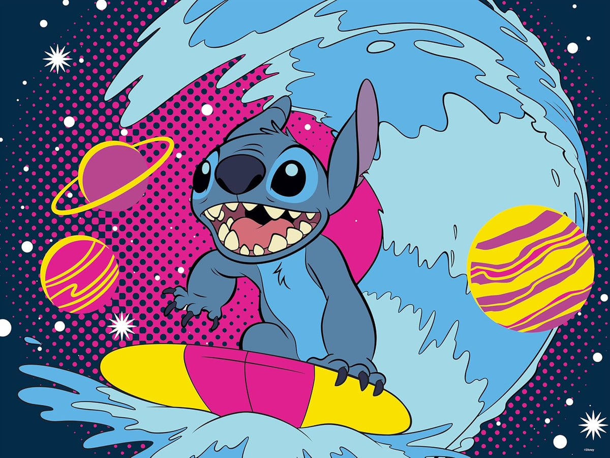 Stitch surfs a blue wave on a colorful surfboard, grinning widely. Vibrant pop-art background with pink dots, planets, and stars