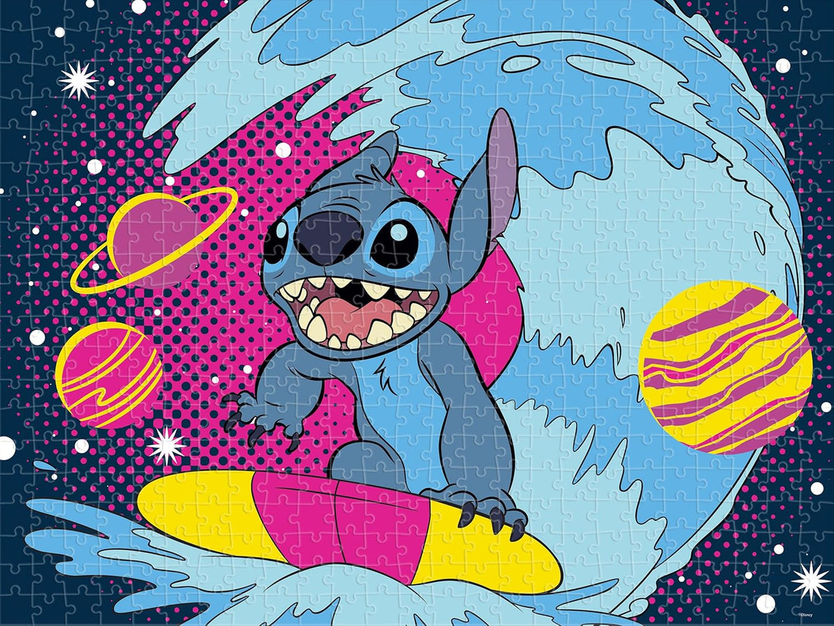 Puzzle of Stitch, smiling and surfing a wave. Colorful planets and stars fill the cosmic pop-art background