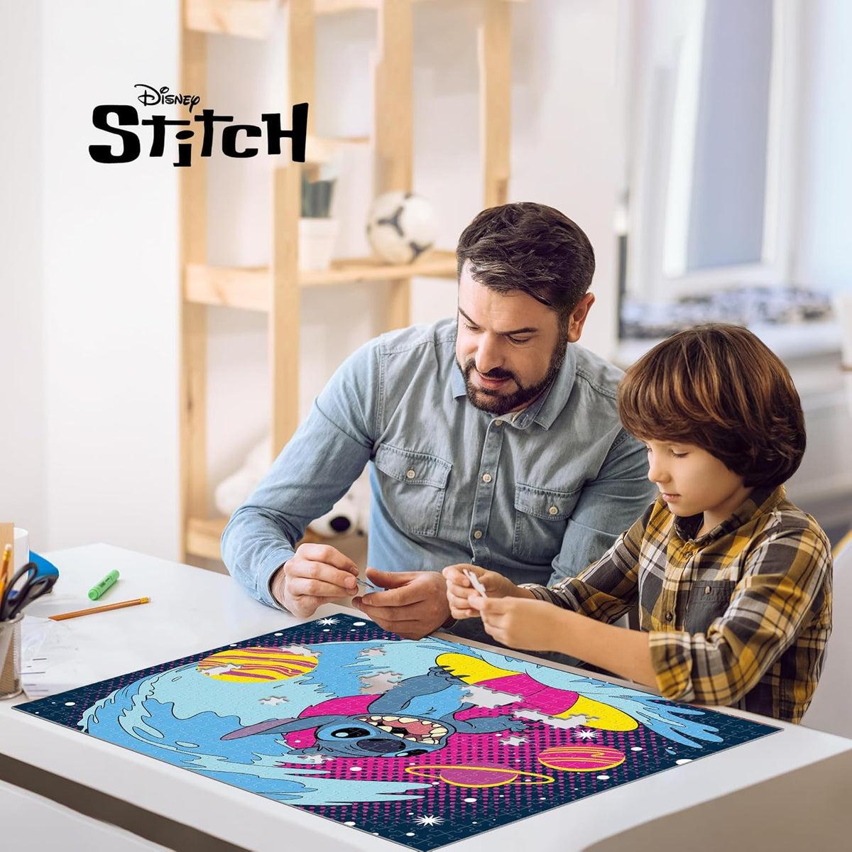 Father and son focused on assembling a colorful Disney Stitch jigsaw puzzle at a table