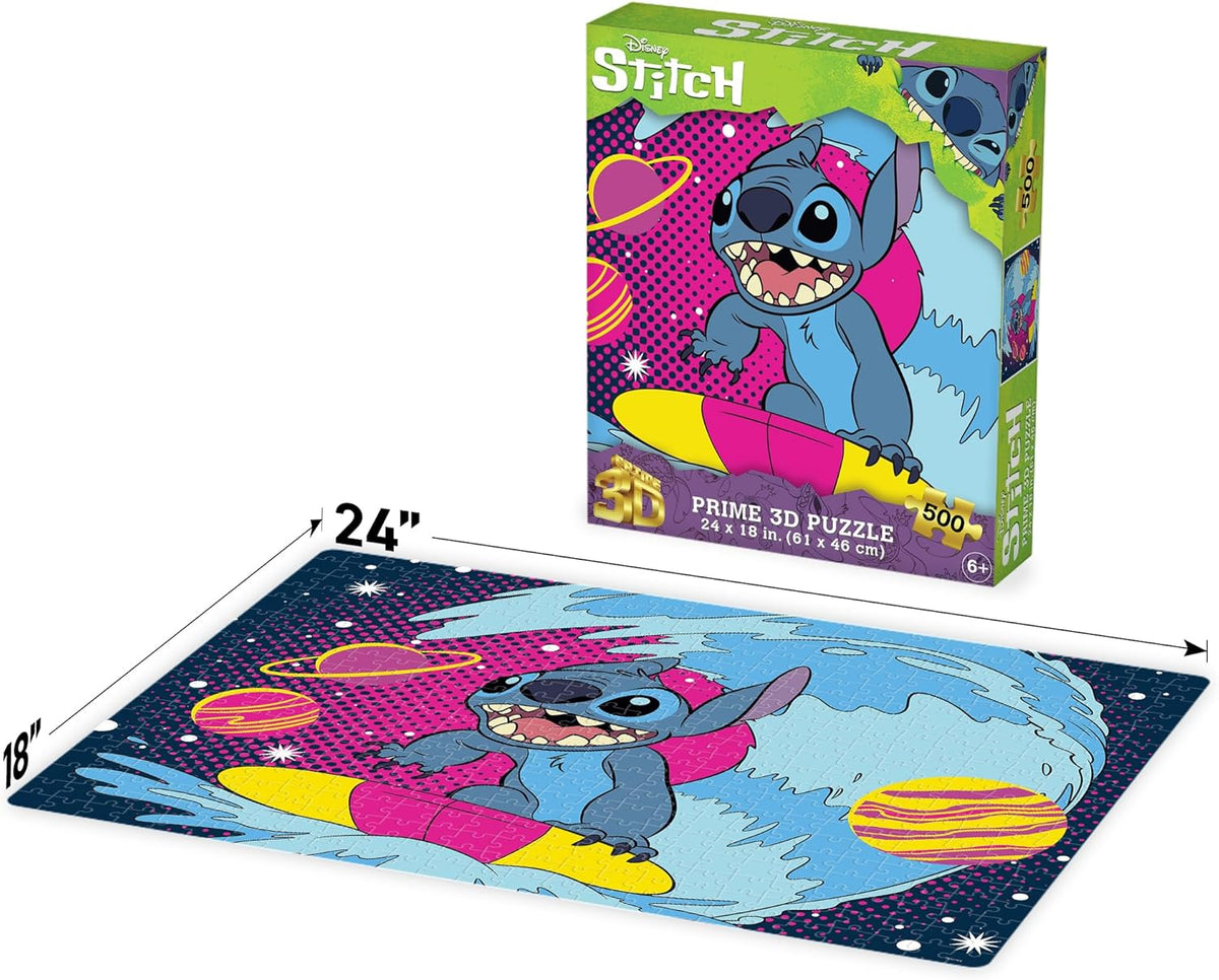 A 500-piece Disney Stitch 3D puzzle. Stitch surfs a colorful board through a vibrant, starry space scene. Box and completed puzzle shown