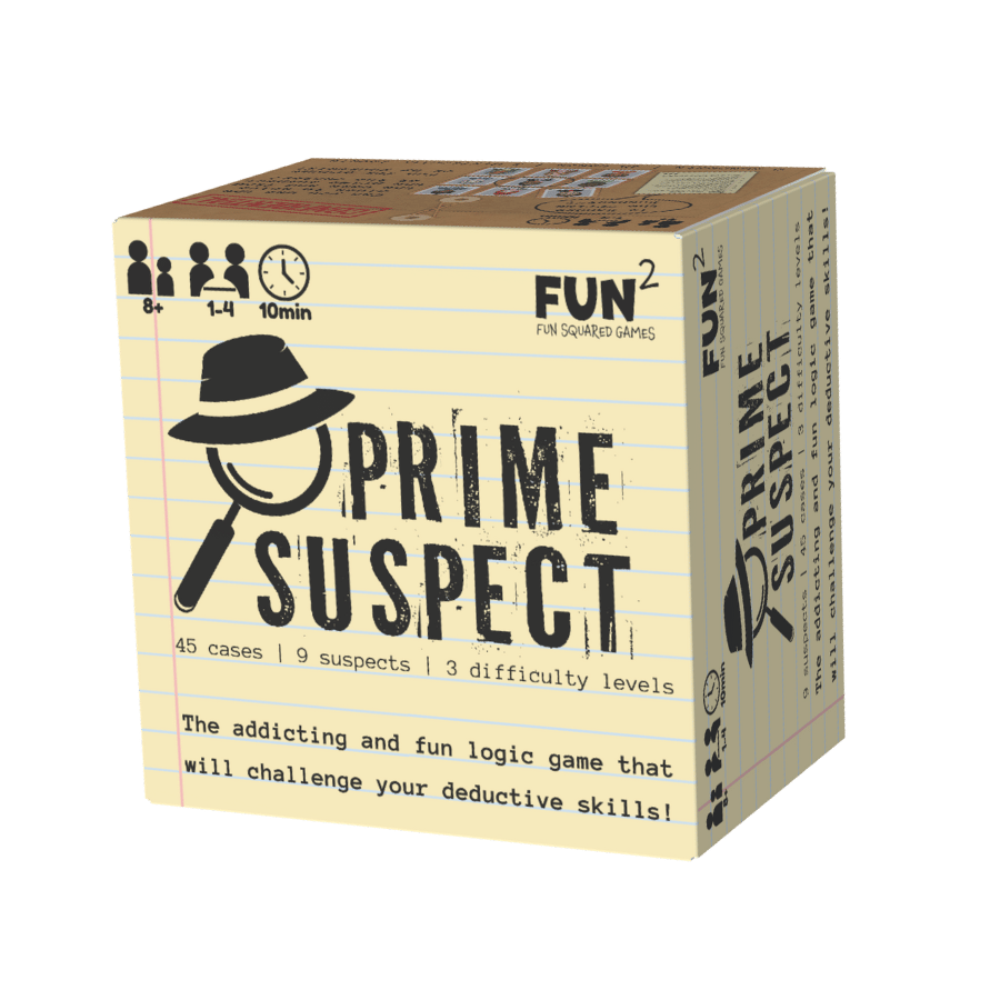 The Prime Suspect logic game box shows a magnifying glass and hat on a notebook paper design, detailing 45 cases, 9 suspects, and 1-4 players aged 8+