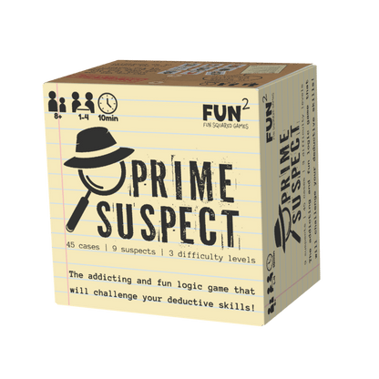 The Prime Suspect logic game box shows a magnifying glass and hat on a notebook paper design, detailing 45 cases, 9 suspects, and 1-4 players aged 8+