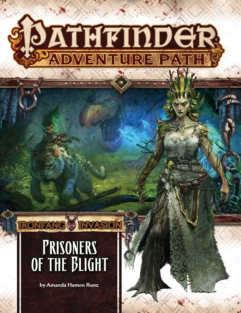 Pathfinder: Prisoners of the Blight cover. A powerful dryad-like woman, a goblin on a leopard, and a roaring monster in a jungle.