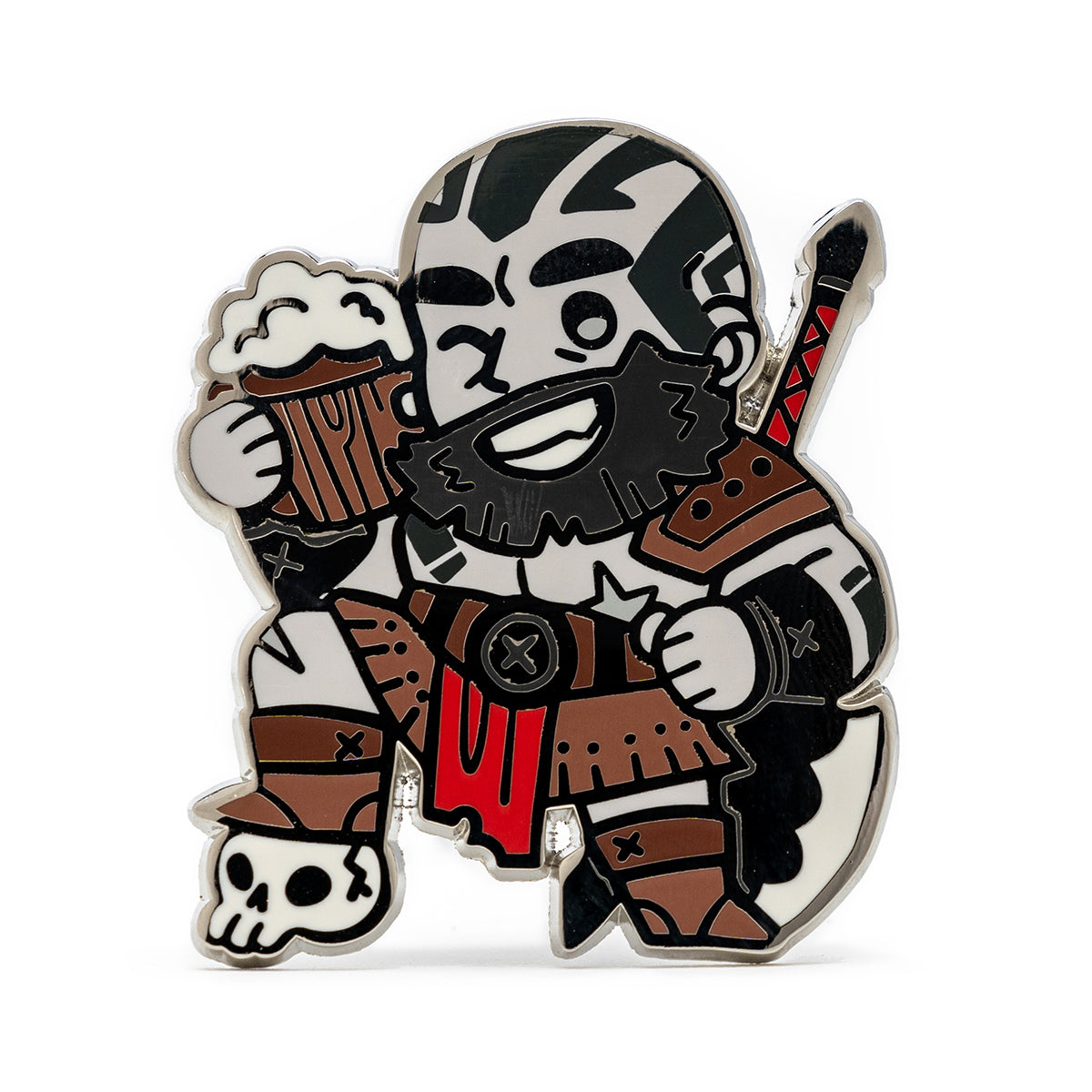 Chibi Pin of a Grog Strongjaw with a black beard, smiling and holding a frothy beer mug. An axe is on its back, a skull underfoot