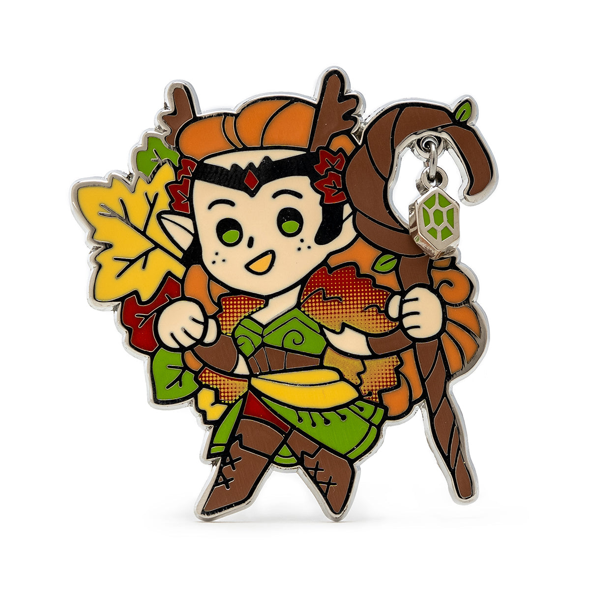 Chibi Pin of a Keyleth with pointed ears, holding a staff with a green gem and surrounded by fall leaves