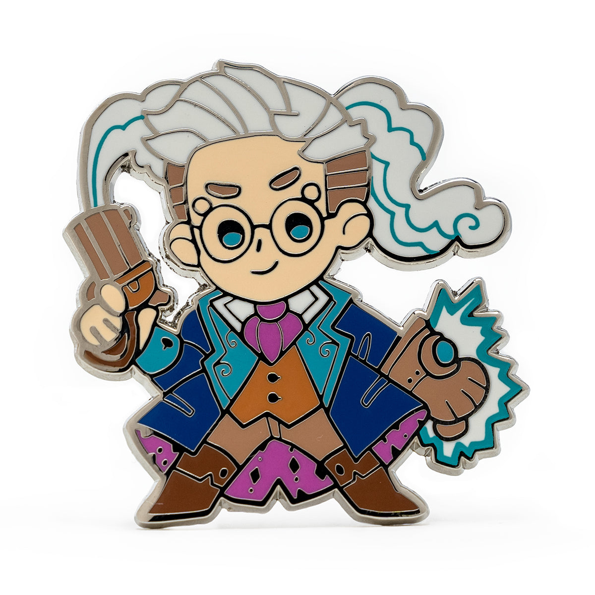 Chibi Enamel pin: Percival character with white hair, glasses, blue jacket, holding a gun and a sparking hand