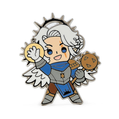 Chibi angel warrior enamel pin with blue armor, white wings, sun halo, holding a sun disc and mace